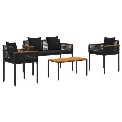 vidaXL Zunanji pohištveni set z blazino 4 pcs Črna poli ratan