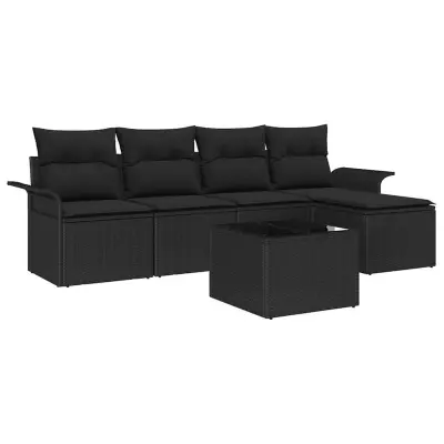 vidaXL Zunanji kavč z blazino 6 pcs Črna poli ratan