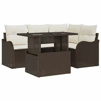 vidaXL Zunanja jedilnica z blazino 5 pcs Rjava Poly ratan