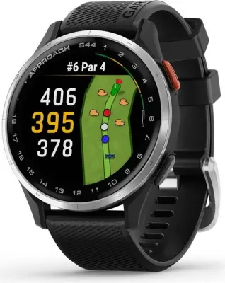 Pametna ura Garmin Approach S44 s srebrno aluminijasto luneto in črnim silikonskim trakom