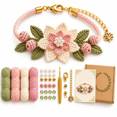 DIY komplet za kvačkanje zapestnic, pisana preja, perlice in kovinske zaponke, motivi metuljev in rož, navodila za začetnike | CROCHETIA Cvet