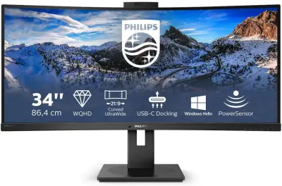 Monitor Philips 86,4 cm (34,0") 346P1CRH 3440x1440 Curved 100Hz VA 4ms HDMI DisplayPort USB-C 90W 4xUSB3.2 HAS Kamera Zvočniki  2H KVM RJ45 HDR400