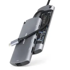AXAGON Hub 6v1, USB,GLAN,HDMI,PD 100W, SATA M.2, 20 cm USB-C stikalo