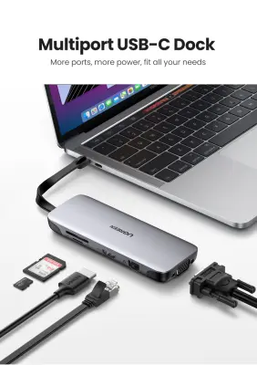 UGREEN USB-C 9v1 HUB 3*USB3.0+HDMI+VGA+RJ45 Gigabit+SD&TF +PD USB-C priklopna postaja