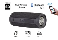 MANTA SPK130GO Bluetooth 5.0 zvočnik + woofer, Bluetooth/USB/MicroSD/Radio FM/AUX-in, 10W, TWS, IPX4, do 5 ur predvajanja, črn