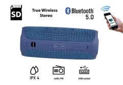 MANTA SPK130GO Bluetooth 5.0 zvočnik + woofer, Bluetooth/USB/MicroSD/Radio FM/AUX-in, 10W, TWS, IPX4, do 5 ur predvajanja, moder