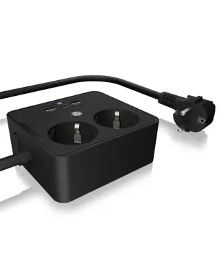 Icybox podaljšek 1,9m za dve 220V vtičnici in USB polnilnik 2xUSB-A in 1xUSB-C