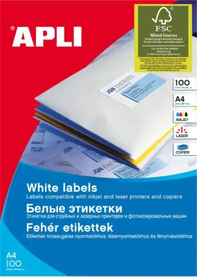 APLI Bele nalepke 210 x 297 mm, 1/stran 100 listov => AP001281