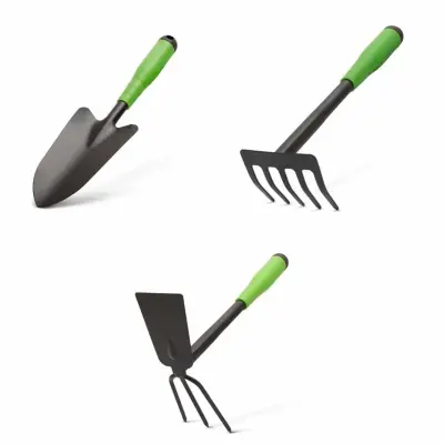Set kovinskega vrtnega orodja - lopata, grablje in motika