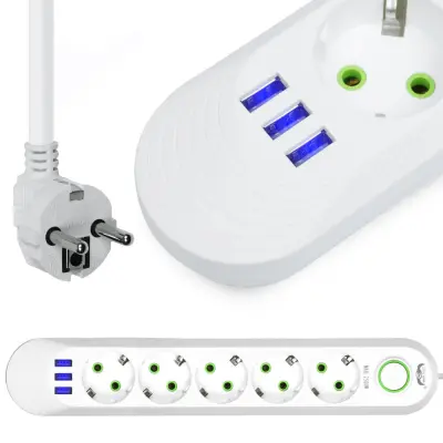 Električni razdelilec 5 vtičnic 230V 3x USB polnilec 3A bel 5m