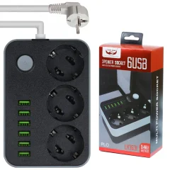 Električni razdelilec 3 vtičnice 230V 6x USB polnilec 3,4A črn 2m