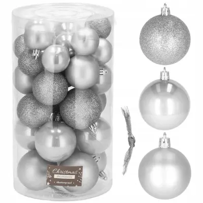SET KROGLIC za BOŽIČNO JELKO 30 kosov srebrne božične kroglice Mix Festive