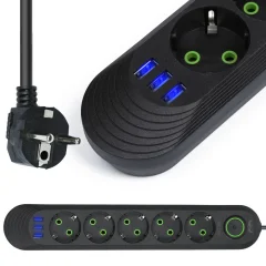 Električni razdelilec 5 vtičnic 230V 3x USB polnilec 3A črn 5m