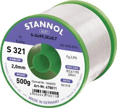 Stannol S321 2\,0% 2\,0MM SN99\,3CU0\,7CD 500G spajkalna žica\, neosvinčena neosvinčeni\, tuljava Sn99\,3Cu0\,7 ORH1 500 g 2 mm