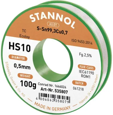Stannol HS10 2\,5% 0\,5MM SN99\,3CU0\,7 CD 100G spajkalna žica\, neosvinčena neosvinčeni\, tuljava Sn99\,3Cu0\,7 ROM1 100 g 0.5 mm