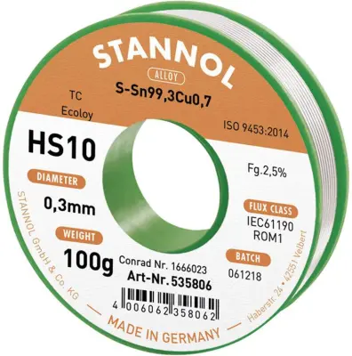 Stannol HS10 2\,5% 0\,3MM SN99\,3CU0\,7 CD 100G spajkalna žica\, neosvinčena neosvinčeni\, tuljava Sn99\,3Cu0\,7 ROM1 100 g 0.3 mm