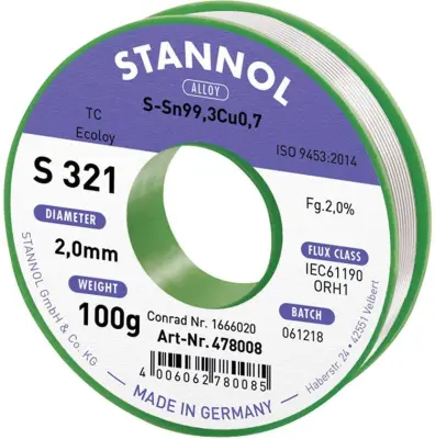 Stannol S321 2\,0% 2\,0MM SN99\,3CU0\,7 CD 100G spajkalna žica\, neosvinčena neosvinčeni\, tuljava Sn99\,3Cu0\,7 ORH1 100 g 2 mm
