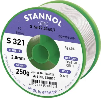Stannol S321 2\,0% 2\,0MM SN99\,3CU0\,7 CD 250G spajkalna žica\, neosvinčena neosvinčeni\, tuljava Sn99\,3Cu0\,7 ORH1 250 g 2 mm