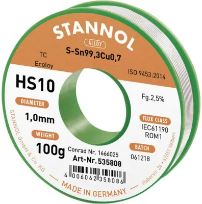 Stannol HS10 2\,5% 1\,0MM SN99\,3CU0\,7 CD 100G spajkalna žica\, neosvinčena neosvinčeni\, tuljava Sn99\,3Cu0\,7 ROM1 100 g 1 mm