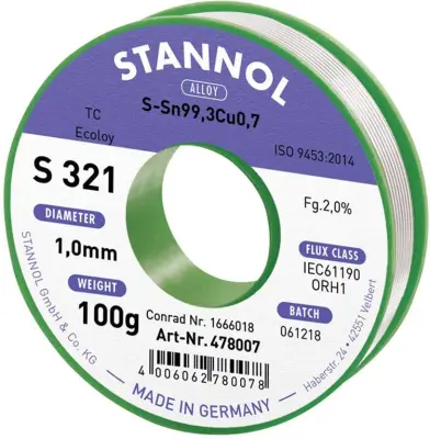 Stannol S321 2\,0% 1\,0MM SN99\,3CU0\,7CD 100G spajkalna žica\, neosvinčena neosvinčeni\, tuljava Sn99\,3Cu0\,7 ORH1 100 g 1 mm