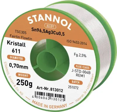 Stannol mehka spajkalna žica Kristall 611 v zlitini Flowtin TSC305 z 2,5% pretoka 0,7mm v premeru na 250 g koluta Stannol Kristall 611 Fairtin spajkal