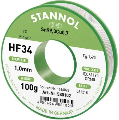 Stannol HF34 1\,6% 1\,0MM FLOWTIN TC CD 100G spajkalna žica\, neosvinčena tuljava\, neosvinčeni Sn99\,3Cu0\,7 ORM0 100 g 1 mm