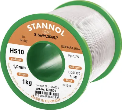 Stannol HS10 2\,5% 1\,0MM SN99\,3CU0\,7 CD 1000G spajkalna žica\, neosvinčena neosvinčeni\, tuljava Sn99\,3Cu0\,7 ROM1 1000 g 1 mm