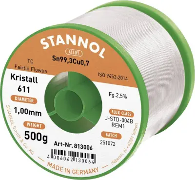 Stannol mehka spajkalna žica Kristall 611 v zlitini Flowtin TC Sn99Cu1 z 2,5% pretoka 1,0mm na premeru 500mm Stannol Kristall 611 Fairtin spajkalna ži