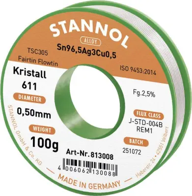 Stannol mehka spajkalna žica Kristall 611 v zlitini Flowtin TSC305 z 2,5-odstotno vsebnostjo pretoka 0,5mm s premerom na 100 g koluta Stannol Kristall