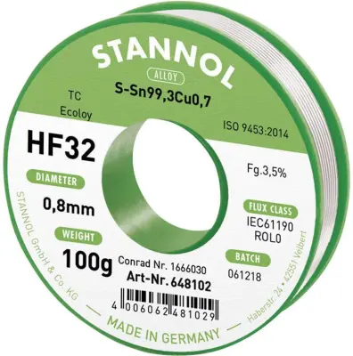 Stannol HF32 3\,5% 0\,8MM SN99\,3CU0\,7 CD 100G spajkalna žica\, neosvinčena neosvinčeni\, tuljava Sn99\,3Cu0\,7 ROL0 100 g 0.8 mm