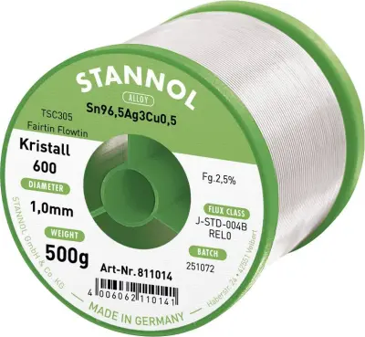 Stannol mehka spajkalna žica Kristall 600 v zlitini Flowtin TSC305 z 2,5% pretoka 1,0mm na premeru 500 g Stannol Kristall 600 Fairtin spajkalna žica,