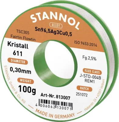 Stannol mehka spajkalna žica Kristall 611 v zlitini Flowtin TSC305 z 2,5% pretoka 0,3mm v premeru na 100 g tuljave Stannol Kristall 611 Fairtin spajka
