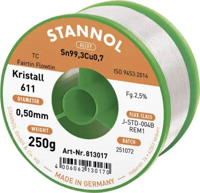 Stannol mehka spajkalna žica Kristall 611 v zlitini Flowtin TC Sn99Cu1 z 2,5% pretoka 0,5mm premera na 250 g koluta Stannol Kristall 611 Fairtin spajk