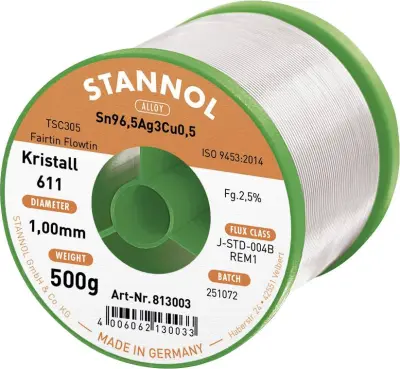 Stannol mehka spajkalna žica Kristall 611 v zlitini Flowtin TSC305 z 2,5% pretoka 1,0mm s premerom na 500 g koluta Stannol Kristall 611 Fairtin spajka