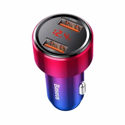 Pretvornik USB - 12-24V 6A avtomobilski 45W 2x Tip A, PD, QC, rdeč/moder Baseus