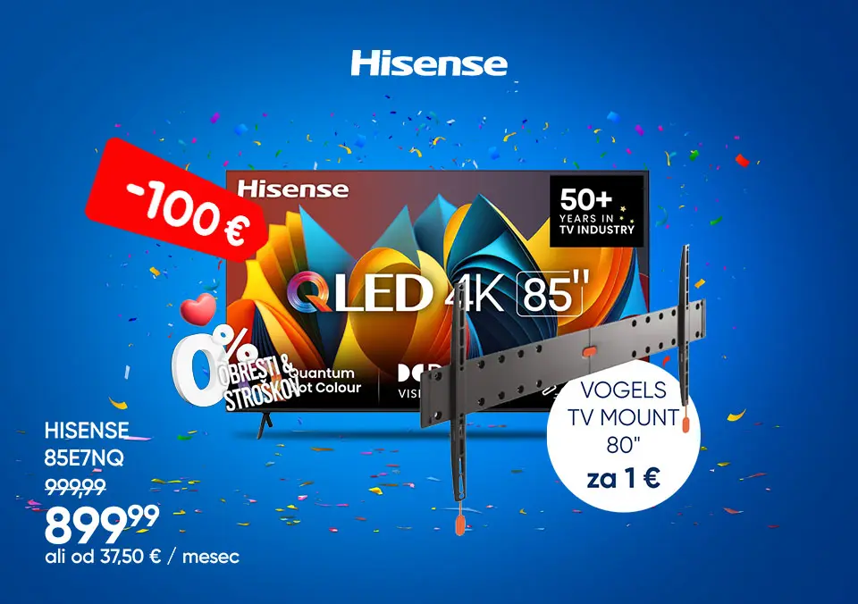 Nakupu Hisense televizorja z diagonalo 75'' ali več smo dodali nosilec za le 1 €!