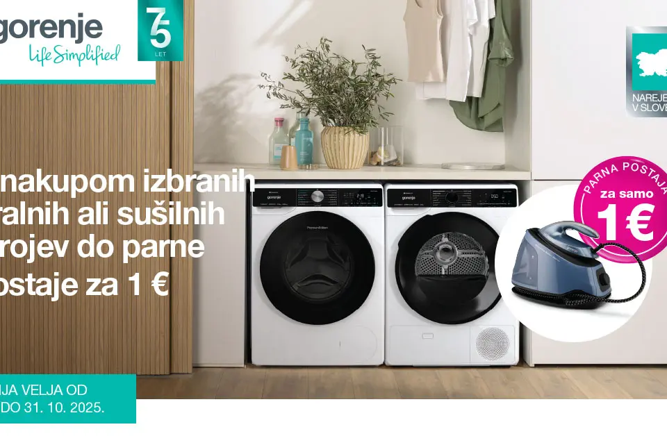 Z nakupom izbranih pralnih, sušilnih in pralno-sušilnih strojev Gorenje do parne postaje za 1 €