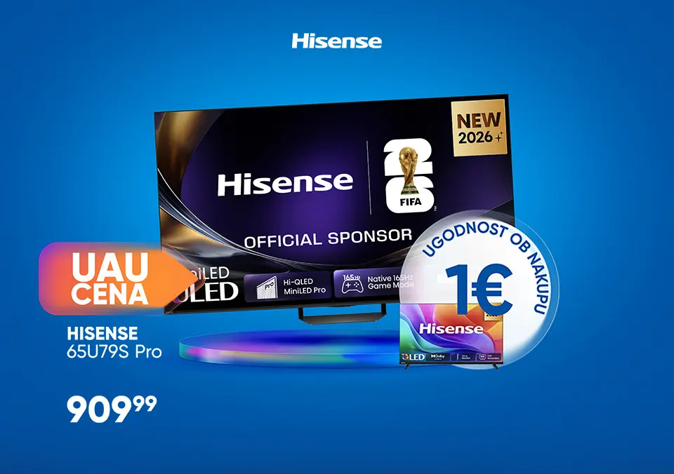 Kupi spodaj izbran Hisense MiniLED televizor in prejmi 32'' TV za samo 1 €